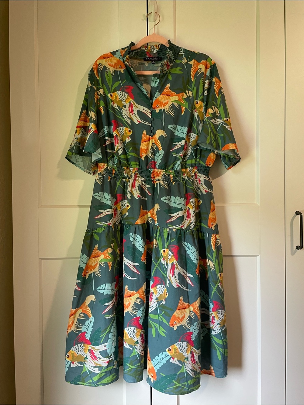 Eloquii Green Koi Print Tiered Shirt Dress